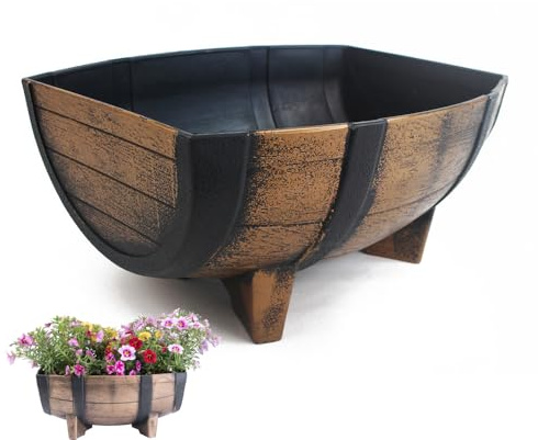 Rustikaler Blumentopf aus Kunststoff in Holzoptik, halbes Fass, Pflanzgefäß, Garten-Pflanzgefäß Vintage Töpfe für den Innenanbau mit Kunststoff Pflanze für den Innenbereich, mit Set für Innenbereich,