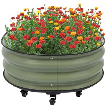 Macetero alto de metal para plantas al aire libre con ruedas, bancal bajo para verduras, frutas, flores y hierbas, 60 x 60 x 30 cm