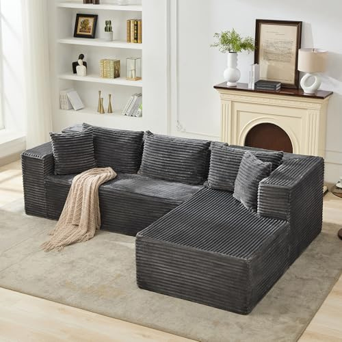 GarveeHome Modulares Ecksofa Cloud 106 – Komfortabel & großzügig, L-förmig mit tiefer Sitzfläche, Cordbezug, Chaise, 5 Kissen – Kein Aufbau nötig – Farbe: Grau