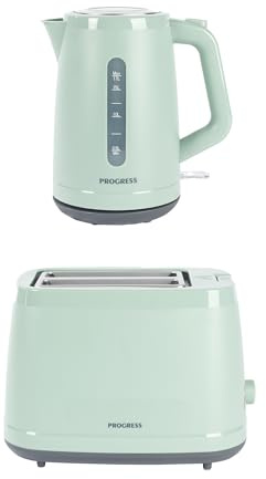 Progress Neutrals Kettle & 2‑Slice Toaster Set – 1.7L 3000W Fast‑Boil Kettle, 360° Swivel Base, Boil-Dry Protection, 900W Toaster with 6 Browning Levels, Wide Slots, Removable Crumb Tray, Green | 360 Degree Base, Boil Dry Protection, Removable Limescale Filter, 6 Browning Levels, Defrost/Reheat/Cancel, Crumb Tray