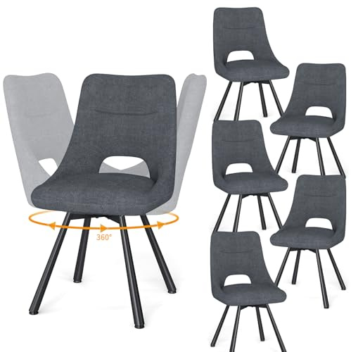 WAFTING Esszimmerstühle Drehbar 6er Set, 360° Drehbare Stuhl, Moderne Gepolsterte Küchenstühle mit Durchbrochene Rückenlehne, für Küche, Esszimmer, Schlafzimmer, Wohnzimmer und Cafés, Tiefes Grau