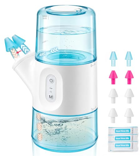 Nasendusche Elektrisch Nasenspülkanne mit 40 Nasenspülsalz & 8 Ersatzdüse | Nasendusche Erwachsene IPX7 Wasserdicht mit Dual Wassertank 300ml 2 Modes für Nebenhöhlenpflege, Nasenspülung Set mit 800mAh