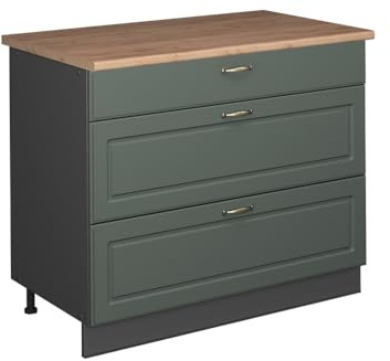 Vicco Küchenunterschrank Fame-Line, Grün-Gold Landhaus/Anthrazit, 100 cm | MDF-Front · AP Eiche inkl. · Höhenverstellbare Füße · Metallgriffe · Metall-Vollauszüge
