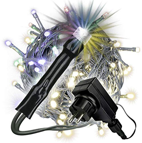 Nipach GmbH 200er LED Lichterkette mit Farbwechsel bunt/warm weiß 9 Funktionen dimmbar Blinkfunktion Innen Außen grünes Kabel Trafo mit Timer
