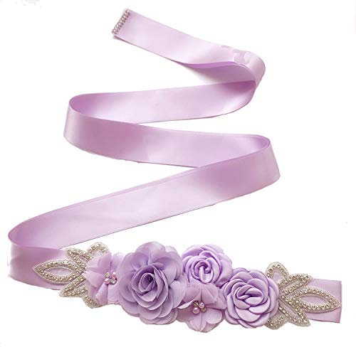 Lauthen.S Schärpe Gürtel mit Blumen Perlen Strass für Hochzeit Braut Baby Shower Kleid, Lavendel, Einheitsgröße