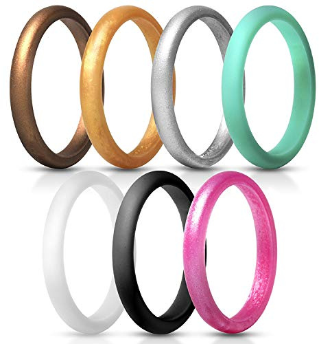 JewelryWe Schmuck 7 PCS Silikon Ehering für Frauen, 2.7mm Gummi Hochzeit Bands Gummibänder Ring für Sport und Outdoor, 7 Farben Set, Größe 47