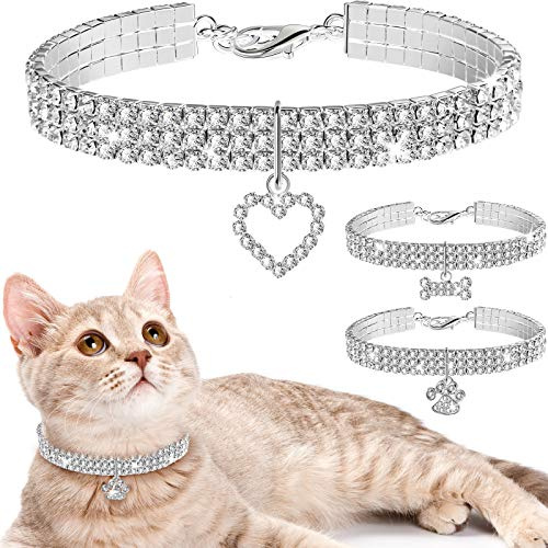 3 Stücke Bling Strass Haustier Halsbänder Glitter Anhänger Hundehalsbänder Verstellbares Kristall Katzenhalsband Elastische Haustier Halskette für Kleine Haustier Katze (Weiß)