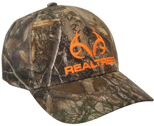 Realtree Edge Blaze Trucker-Kappe mit Logo, Netzstoff, Snapback, feuchtigkeitsableitendes Schweißband, strukturiertes Mittelprofil, vorgebogenes Visier, Camouflage-Kappe, Einheitsgröße/L