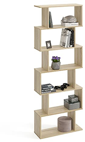 KOMTO Bücherregal Sonoma Eiche - Raumteiler Regal 191x70x24 cm Standregal Holz und Hoch mit 6 Ebenen S-Förmiges Modern Hochregal Aktenregal Büroregal