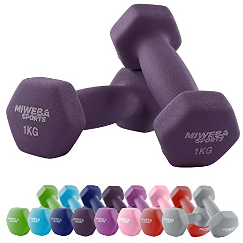 Miweba Sports Neopren Hantelset NKH100 | 𝐏𝐫𝐨𝐟𝐢 Hantel - Hexagon Hanteln Set - Kurzhanteln - Kurzhantel Set - Gymnastikhanteln - Hantel Set - Dumbbell - 0,5-10 Kg (2X 1.0 kg, Lila)