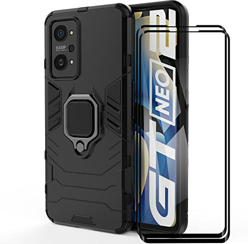 ESTH® Funda para Realme GT2 5G con 2 Piezas Protector de Pantalla, Giratorio Soporte de 360°, Compatible con Soporte Magnético para Coche, Carcasa Negro
