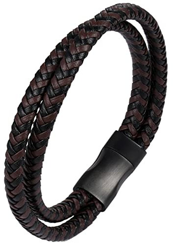 JewelryWe Schmuck Armband Herren Lederarmband Echtleder Echtes Leder Geflochten Kordelkette Armreif Manschette Wickelarmband mit Edelstahl Magnetverschluss, Schwarz Braun