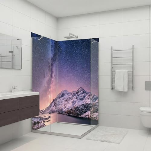 dedeco Eck-Duschrückwand wasserfest Motiv: Polarlicht V3, 2 x 80x210 cm, als Badrückwand zum Fliesenersatz, als Dekorwand, Wandverkleidung und Duschplatte aus Aluminium - Made in Germany