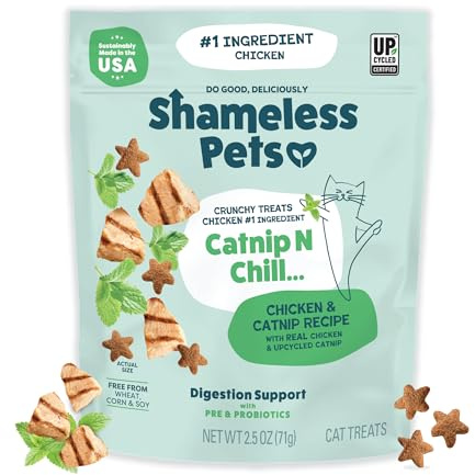 Shameless Pets Crunchy Cat Snacks & Treats – Healthy Cat Treats for Indoor Cats & Kittens with Catnip, Real Chicken & Digestive Support, Catnip N Chill (2.5 oz)