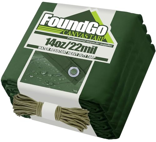 FoundGo Segeltuch-Plane, 2.4x3.4 m, strapazierfähig, wasserdicht, mit Ösen, UV-beständig, 22 mm Plane, 400 g strapazierfähige Stoffabdeckungen für Auto, Dach, Boot, Vordach, Holzflor mit Seilen.
