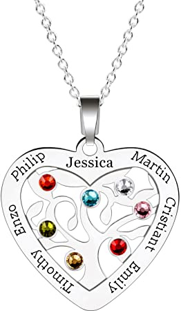 INBLUE Namenskette Personalisiert mit Lebensbaum Kette, 1-8 Namen & Kette mit Bild/Geburtssteine, Kette mit Gravur Namenskette Silber 925 für Mutter/Oma
