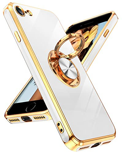 LeYi iPhone SE 2020/SE 2022/8/7 Case, Heavy Duty Protection with Built-in Ring Holder & Kickstand, White with Gold Edge