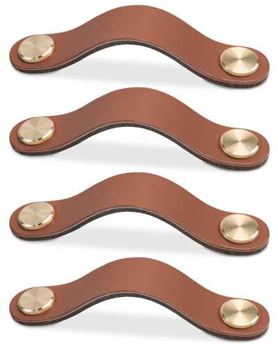 LEREATI 4 Stück Ledergriffe für Möbel, Schrankgriffe Helle Kaffee Möbelgriffe Schubladengriff, Modernen Möbelknöpfe Schrank Kunstledergriff für Küchenschränke, Schränke, Tür, Wohnkultur (96mm)
