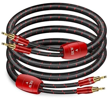 SKW singolo Cavo per altoparlante 14 AWG, in rame OFC, schermati, con connettore a banana placcato oro, spina a vite, tessuto di cotone intrecciato (5 m, rosso)