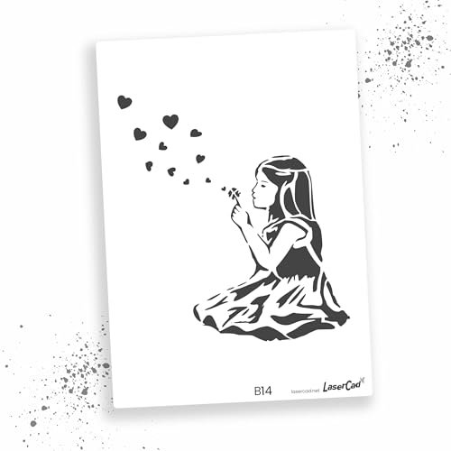 LaserCad Schablonen BANKSY Streetart (B014, Girl Heart Bubbles (2 layer), DIN A2) Stencil für Graffiti, Airbrush, Kunst, Deko, zum Malen