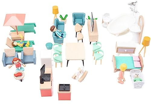 Surakey Puppenhaus Möbel Set Holz Kit Miniatur Puppenhaus Holzmöbel Zubehör, Puppen Möbel, einschließlich Küche, Esszimmer, Wohnzimmer, Kinderzimmer,Schlafzimmer, Badezimmer für Spielhaus