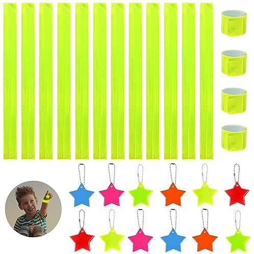 24 Stück Reflektoren Kinder Set, 12 Reflektor schnapparmband, 12 Stern Reflektoren Anhänger, Reflektorband für Nachts Joggen und Rad Fahren