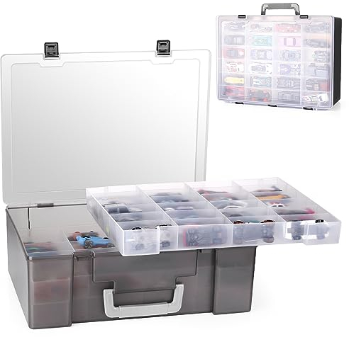 RHCOM Toy Organizer.72 Compartments.Toy Storage Box Compatible With Hot wheels Cars, Matchbox Cars,Mini Toys and Small Dolls.Toy Storage Display Case With 3 Layers of Removable Trays (Black)