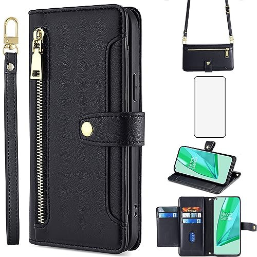 Asuwish Phone Case for OnePlus 9 Pro One Plus 9Pro 5G Wallet Cover and Screen Protector Zipper Card Holder Slot Stand Leather Cell Accessories Protective On 1Plus 1 + Plus9 1+ Pro Nine Women Men Black