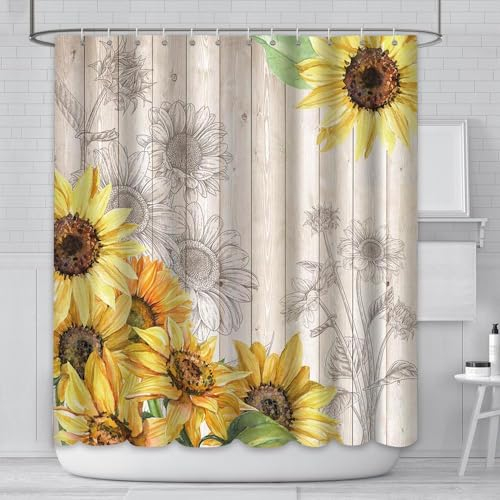 AIBIIN Duschvorhang mit Sonnenblumen-Motiv, dekorativ, rustikal, Bauernhaus, Landhausstil, mit 12 Haken, 180 x 180 cm
