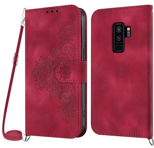 Netany Handykette Hülle für Samsung Galaxy S9 Plus, Handyhülle für Samsung S9 Plus Hülle mit Kette Klappbar, PU Leder Necklace Klapphülle und Umhängeband Lanyard Flip Schutzhülle mit Band (Rot)