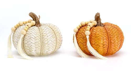 VALERY MADELYN Herbstdeko Kürbis Deko, 2er Simulation Kunstharz Pumpkin,Herbst Innen Outdoor Ornament mit Natürlich Holzperlen, Rattan Optik,Geschenk für Fall Decor Erntedank Halloween,10/13cm