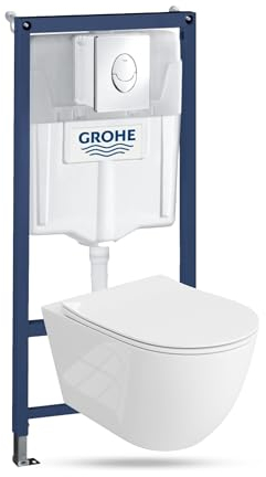 LAVITA Vorwandelement Solido Start + Wand Hänge WC Sinto Grande Weiß Spülrandlos + WC Sitz mit Absenkautomatik Verchromter Knopf Komplettset Unterputz Spülkasten Toilette Komplett Sett WC