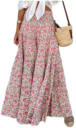 JENJON Femme Jupe Maxi Imprimé Taille Haute Elastique Casual Boho Fleurs Robe sans Manches 2 in 1 Jupes A-Rose M