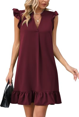 Famulily Damen Sommer Basic Ruffle Cap Ärmellos Solide Kurzes Partykleid A-Linie Plissiertes Minikleid Wein XL