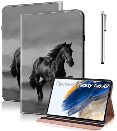 TUOLISG Funda para Samsung Galaxy Tab A8 2022/2021 - Folio Flip PU Cuero con Soporte para Lápiz y Billetera - Compatible con SM-X200/X205/X207 10.5 - Caballo Negro