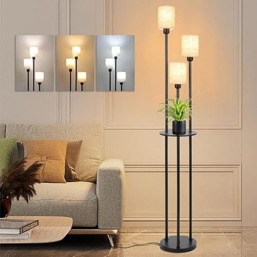 Winverty Lampadaire sur Pied Salon avec Etagere et 3 Lumières, Lampadaire Industriel Vintage avec Interrupteur à Pied et Abat-jour en Lin, Lampadaire Noir pour Salon Chambre Bureau E27
