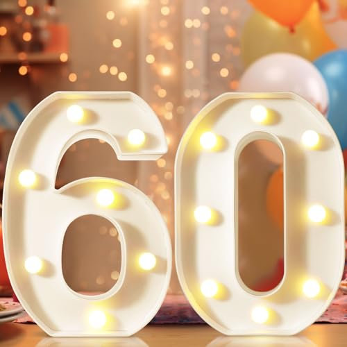 8.8 Decorative LED Light Up Marquee Numbers for 60th Birthday Decorations, Lighted Number Sign for Party Night Lights, White 60