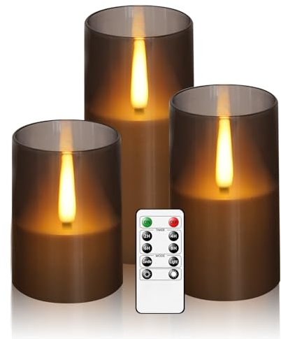 JINYANIA Flammenlose LED Kerzen, Verbesserte realistische flackernde Flammen Stumpenkerzen, Batteriebetriebene Kerzen mit Fernbedienung Timer, Acryl Kerzen Set von 3 (D 3 xH 4 5 6)(Grau)