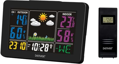 Denver WS-540 Indoor/Outdoor Weather Station With Clock Alarm & Wireless Outdoor Sensor – Indoor & Outdoor Thermometer & Humidity | Time, Day & Date