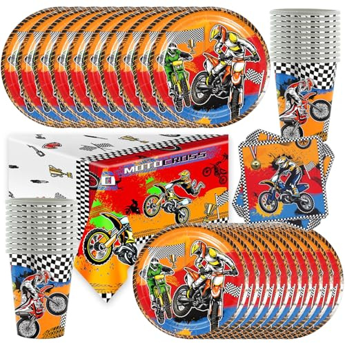 Pack de vaisselle pour fête à thème moto, vaisselle pour fêtes de motards, pour 20 invités - Inclus : nappe, assiettes, serviettes, verres, décoration de table pour fêtes d'enfants
