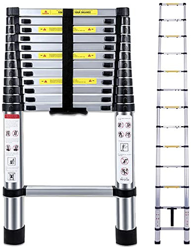 Telescopic Ladder 3.8M/12.5FT Multi-Purpose Aluminium Extendable ladders Adjustable Height Loft Ladder Portable Sturdy Folding Ladder for Replace Window Roof Repair
