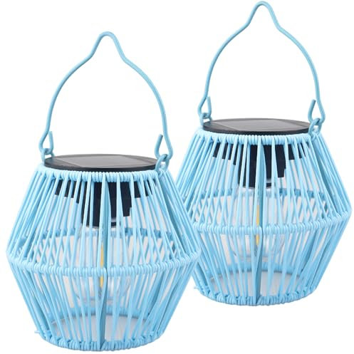 Solarlampen für Draußen Hängend,2 Stück Solar Laternen für Außen Deko mit LED-Glühbirne,IP65 Wasserdicht Handgestrickte Hängend Laterne Solarleuchten für Rasen Terrasse Balkon Garten Deko-Blau
