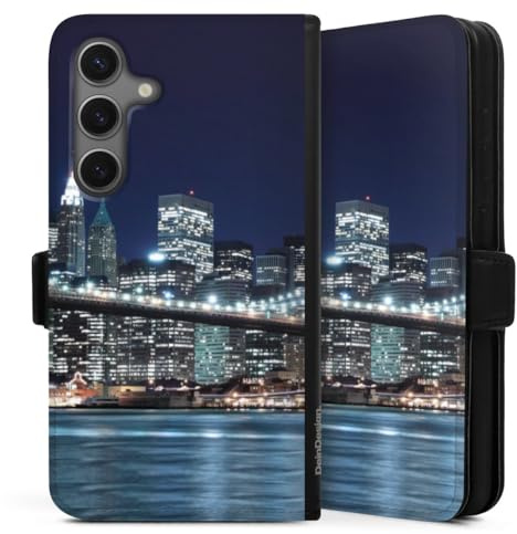 Klapphülle kompatibel mit Samsung Galaxy S 25 Handyhülle aus Kunst Leder schwarz Flip Case USA New York Brooklyn Bridge