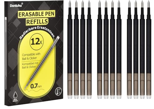 Donluhu 12x Radierbare Ersatzminen 0.7mm | 400m Schreiblänge Schwarz |Kompatibel mit Pilot FriXion Ball & Clicker & Eberhard Faber | Ersatzmine für Gelstift radierbar | Praktisch für Schule und Alltag