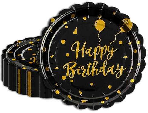 HFBOBP Lot de 50 assiettes de fête en feuille d'or,Joyeux anniversaire noir avec impression dorée Vaisselle de fête à pois pour le dîner, le dessert, les mariages, les anniversaires