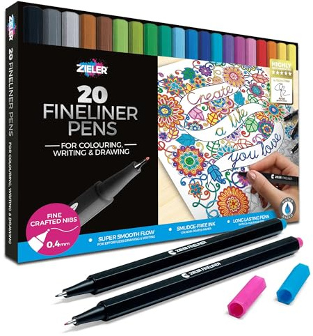 Zieler 20 Colour Fineliner Pens (0.4mm) | For Colouring, Writing & Drawing | Smooth, High Precision & Smudge-Free
