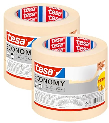 tesa Malerband ECONOMY - Vielseitiges Klebeband für Malerarbeiten ohne Lösungsmittel - Bis zu 4 Tage nach Gebrauch rückstandslos entfernbar (50m x 30mm | 3 Rollen, 2er Pack)