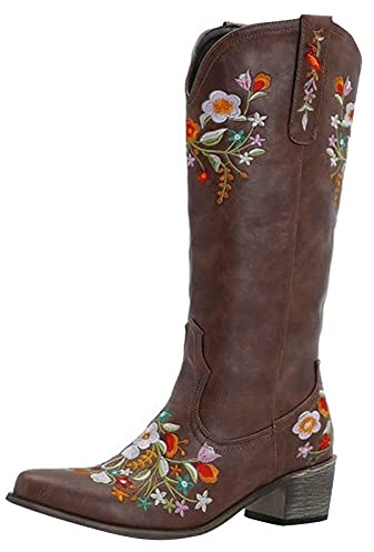 LCpddajlspig Stivali Texani Donna ​​A Punta​​ Camperos ​Dettaglio Ricamato Stivaletto Cowboy ​​con Franges Boots Vintage Stivaletti in Pelle​​ ​​con ​​Tacco Largo Marrone 39