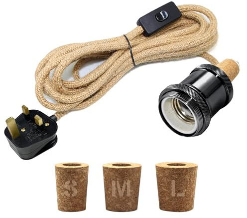Bottle Lamp Kit Do It Yourself UK, E27 Ceramic Lamp Holder, 240CM Hemp Rope Cable, Bottle Light Kit, Including 3 Sizes of Stoppers, DIY Table Lamps Fitting for Various Bottles, Black
