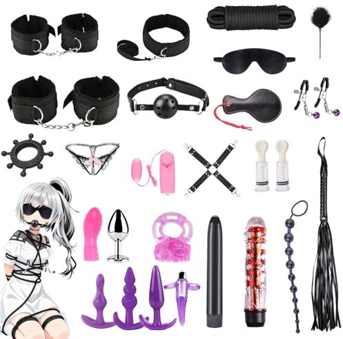 Sexytoysys Coppia Hard 26Pezzi Toys Sessuali per Coppia con Manette Regolabili,Cavigliere,Frusta,Maschera per gli Occhi,Bacchetta di Piume,Vibratore Giocattolo Sessuale per Coppie Uomini Donne